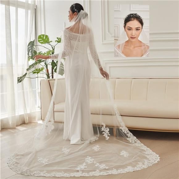 Wedding Veil and Tiara, 1 Tier Lace Cathedral Wedding Veil with Comb 118\